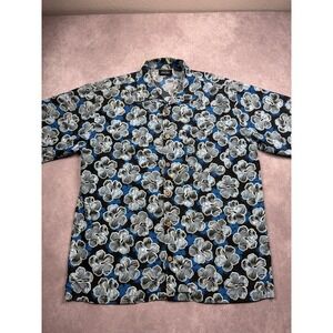 VTG  Anchor Blue Mens L Hibiscus Floral Hawaiian Camp Shirt Blue Black Summer